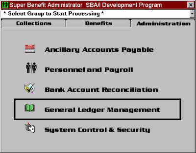 Main Menu for Administration, Security, Accounting and General Ledger Processing